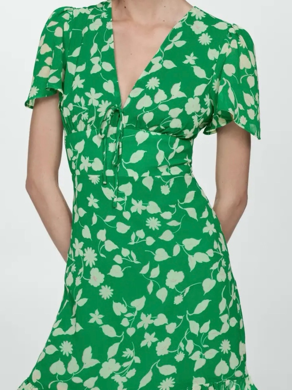 Mango Green Floral Midi Dress with Tie-Front